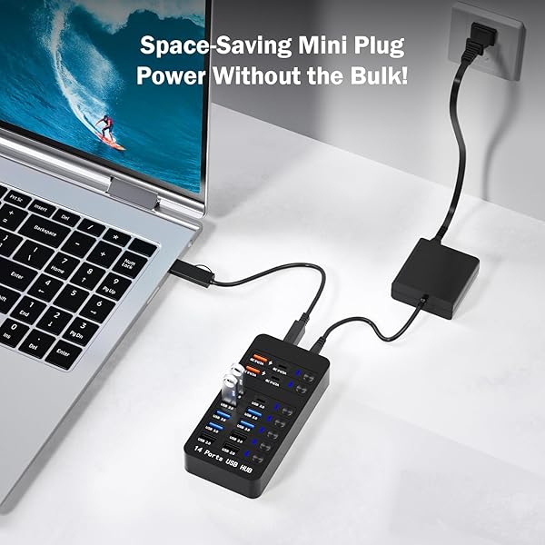 ZEROFFI POWERED USB HUB, 14 PORTS USB SPLITTER HUB (10 FASTER DATA TRANSFER PORTS+ 4 SMART USB CHARGING PORT) USB HUB WITH LED INDIVIDUAL ON/OFF SWITCHES FOR PC, LAPTOP, DESKTOP