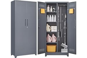 GREATMEET 72.8" Broom Storage Cabinet，Metal Storage Cabinets for Cleaning Supplies with Pegboard, Utility Closet, Broom Mop Storage Cabinet, Grey