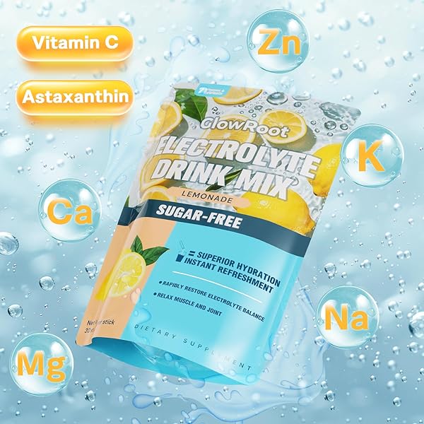 GLOWROOT DAILY ELECTROLYTE DRINK – LEMONADE FLAVOR, 30 STICKPACKS * 5G – HYDRATION PACKETS WITH 7 ELECTROLYTES & MINERALS – NON- GMO, KETO FRIENDLY, & SUGAR-FREE ELECTROLYTE POWDER – 150G