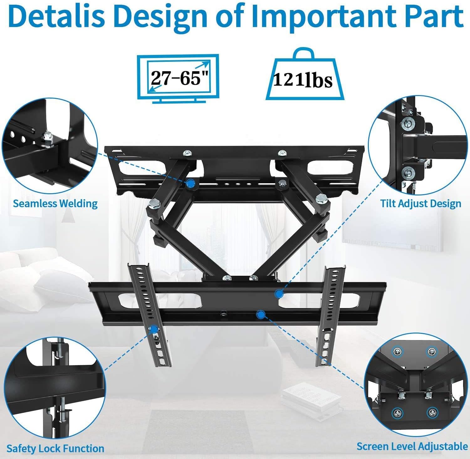 Full Motion TV Wall Mount with Height Setting, JUSTSTONE TV Bracket Fits Most 27-65 Inch LED Flat&Curved TVs,Articulating Swivel Tilt Dual Arms Extension Max VESA 400x400mm and Holds up to 121 LBS: Home Audio & Theater