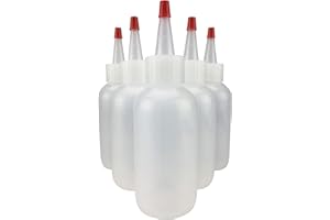 Hobbyland Squeeze Bottles, LDPE Plastic Bottles, Natural Boston Round Bottles, Yorker Spout Red Caps, Tips have .30 Hole (4oz, 24/410 Neck, 6 Bottles)