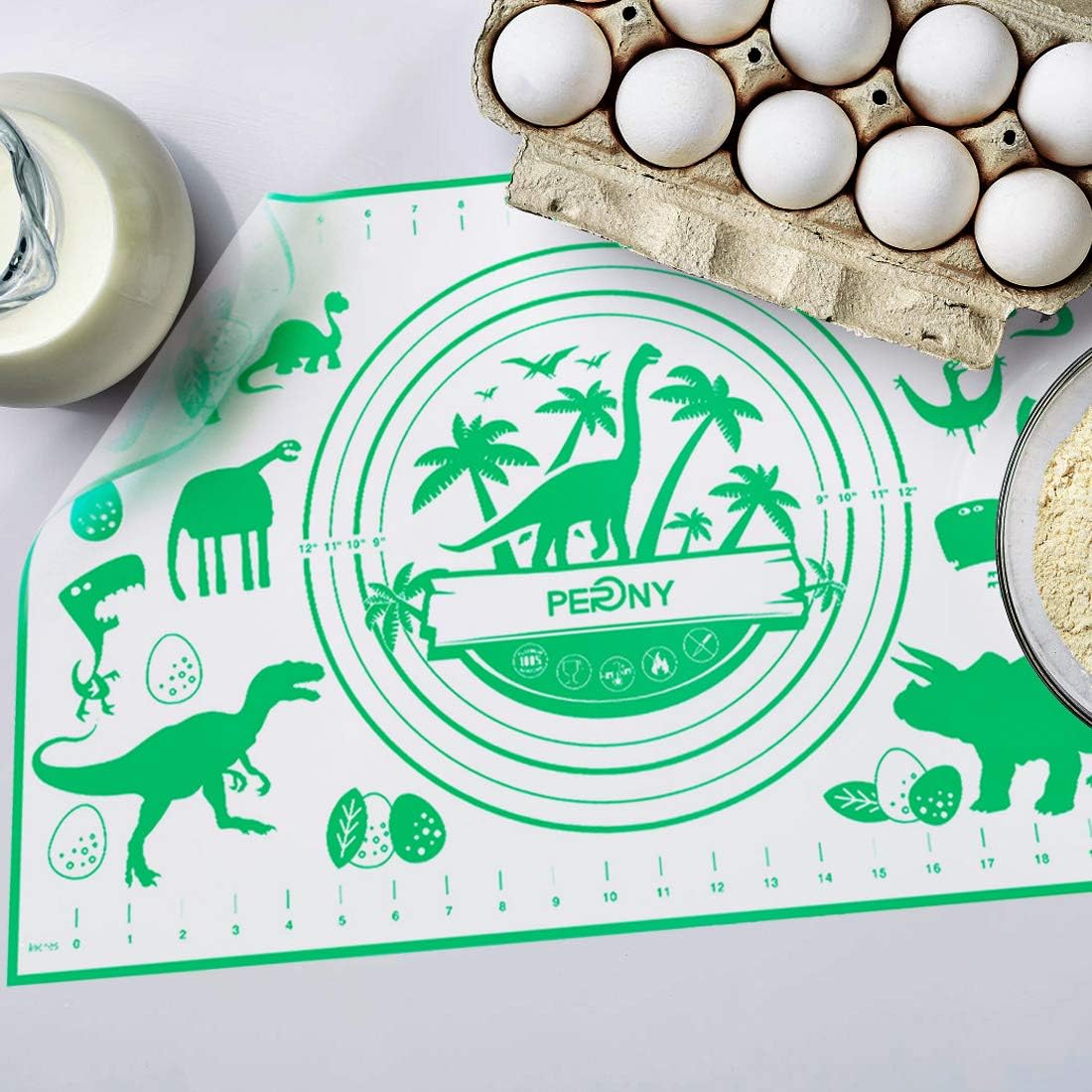 PERNY Dinosaur Silicone Pastry Mat, Non-slip With Measurement Fondant Mat 24'' By 16'' for Silicone Counter Mat, Dough Rolling Mat, Pie Crust Mat, Baking Mat