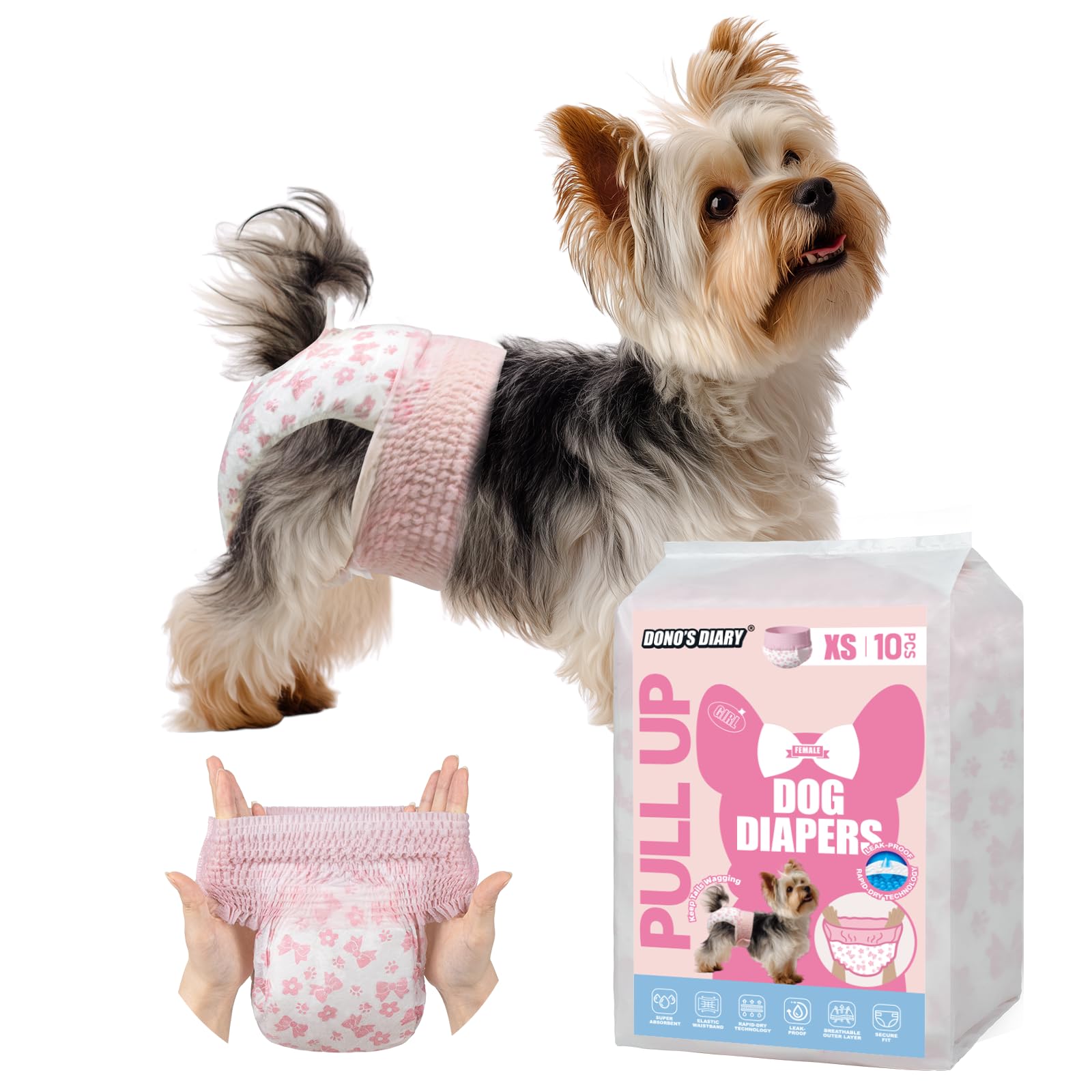 Photo 1 of ***UNKNOWN SIZE*** Dono Disposable Pull It Up Female Dog Diapers, 360° Stretchy Waist Puppy Diapers, Super-Absorbent Doggie Diapers with Rapid-Dry Technology Leak-Proof Design for Doggy in Heat Period, XS 40 Pcs