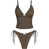ZAFUL Tankini Swimsuits for Women Lace Jacquard Bowknot Decor Tummy Control High Cut Tanga Tankini Set
