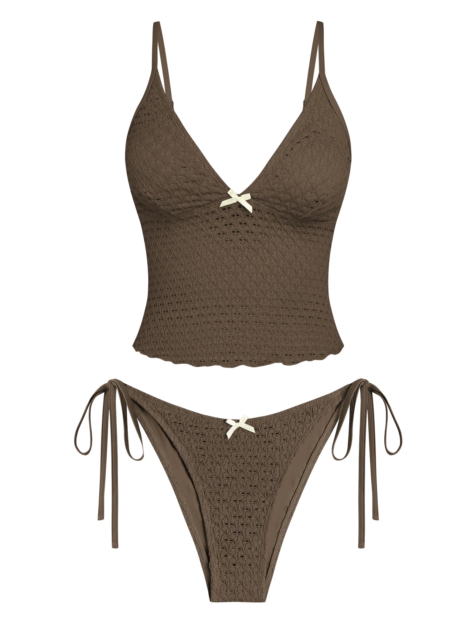 Photo 1 of ZAFUL Tankini Swimsuits for Women Lace Jacquard Bowknot Decor Tummy Control High Cut Tanga Tankini Set(A-Coffee, M)