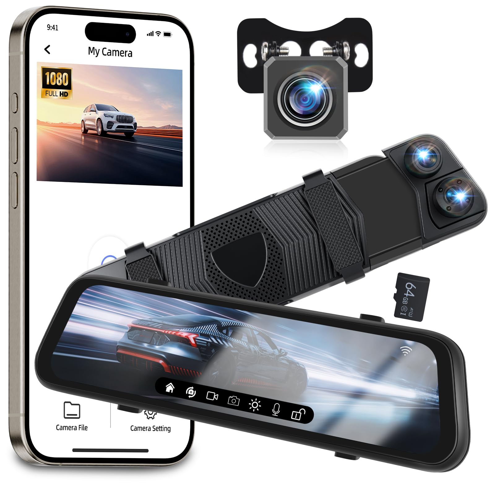 Photo 1 of 3 Channel 9.66 Inch Mirror Dash Cam with 5GHz WiFi, 1080P Front and Rear Inside Dash Camera with Gravity Sensor/Loop Recording/Night Vision/Reverse Assistance + Free 64G Card