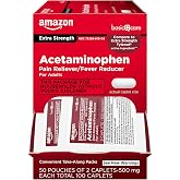 Amazon Basic Care Extra Strength Acetaminophen Caplets 500 mg, Pain Reliever and Fever Reducer, Gentle on Stomach, For Arthritis Pain, Backache Pain and More, 50 Packets of 2 Capsules Each, 100 Count
