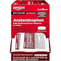 Amazon Basic Care Extra Strength Acetaminophen Caplets 500 mg, Pain Reliever and Fever Reducer, 100 Count (2 Packs of 50 )