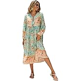 R.Vivimos Women's Long Sleeve Floral Print Retro V Neck Tassel Bohemian Midi Dresses