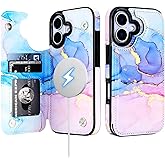 HAOPINSH Wallet Case for iPhone 17, Compatible with MagSafe Wireless Charging, Pink Blue Marble Pattern Back Flip Folio PU Leather Kickstand Card Slots Case Double Magnetic Clasp Cover 6.3"