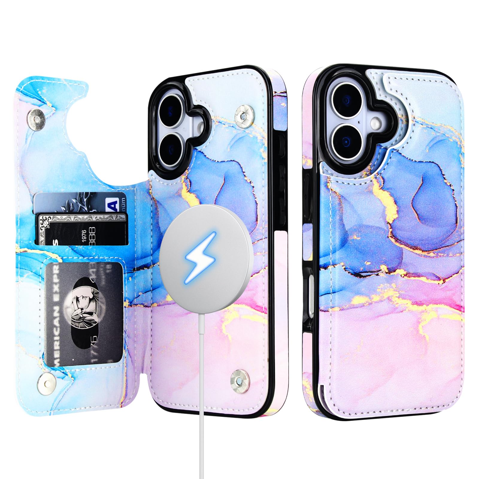 HAOPINSH Wallet Case for iPhone 17, Compatible with MagSafe Wireless Charging, Pink Blue Marble Pattern Back Flip Folio PU Leather Kickstand Card Slots Case Double Magnetic Clasp Cover 6.3"