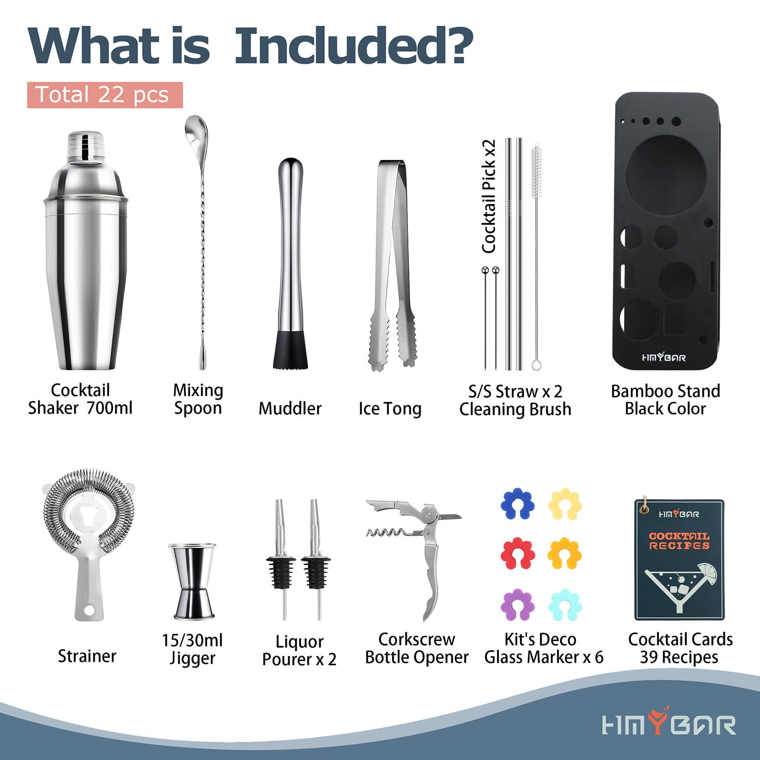 HMYBAR 22-pc Cocktail Shaker Set(24oz/700ml) | Mixology Bartender Kit | Bar Set | Bar Tool Set | Martini Making Set with 39-Recipe Cocktail Cards & Kit's Deco, Bamboo Stand Black Color, Silver Tools - Image 2