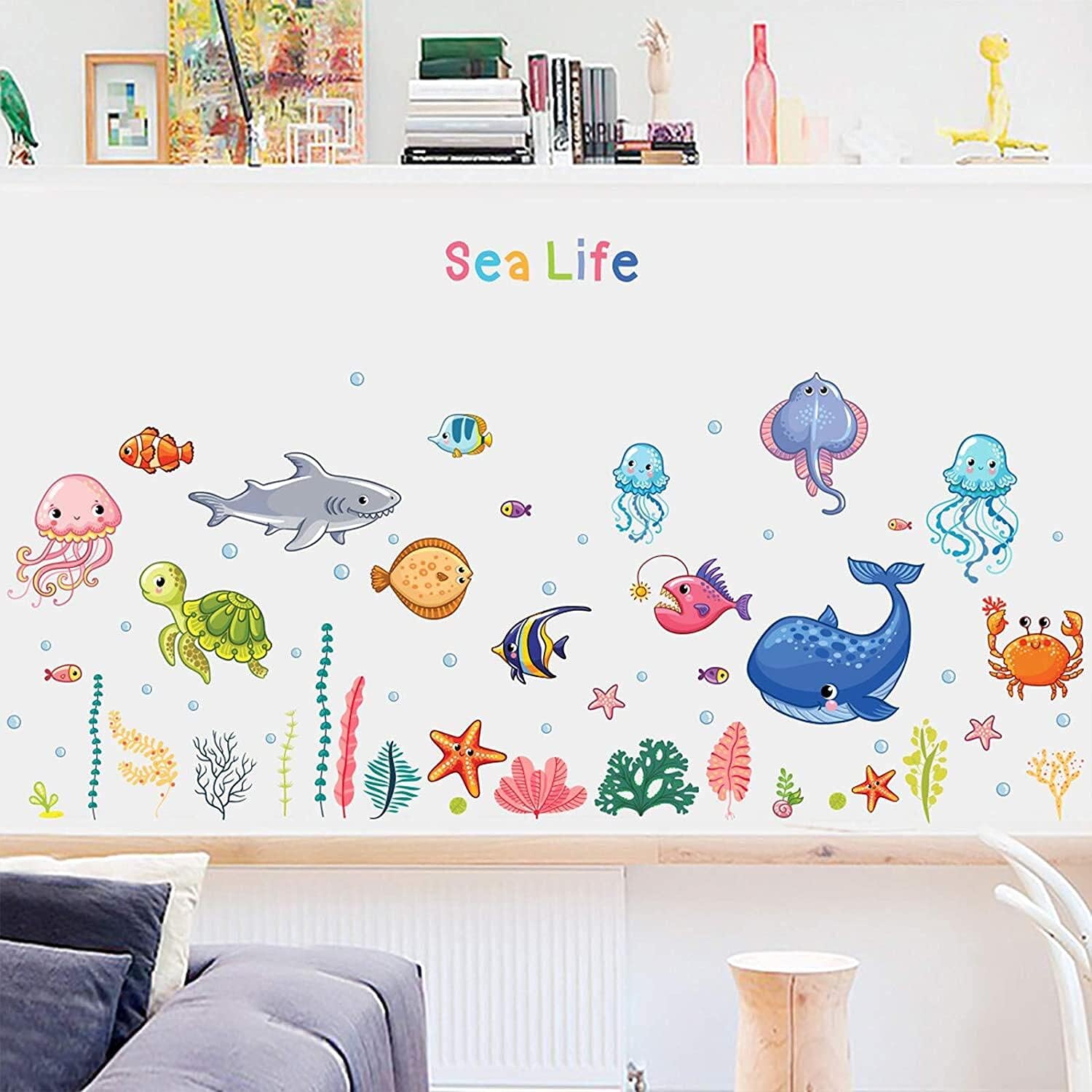 Cartoon Sea Life Wall Decals, HOLENGS Ocean World Peel and Stick Removable Wall Stickers, DIY Under The Sea Fish Wall Decor for Kids Girls Baby Bedroom Classroom Nursery Home Decoration