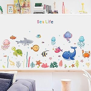 Cartoon Sea Life Wall Decals, HOLENGS Ocean World Peel and Stick Removable Wall Stickers, DIY Under The Sea Fish Wall Decor for Kids Girls Baby Bedroom Classroom Nursery Home Decoration