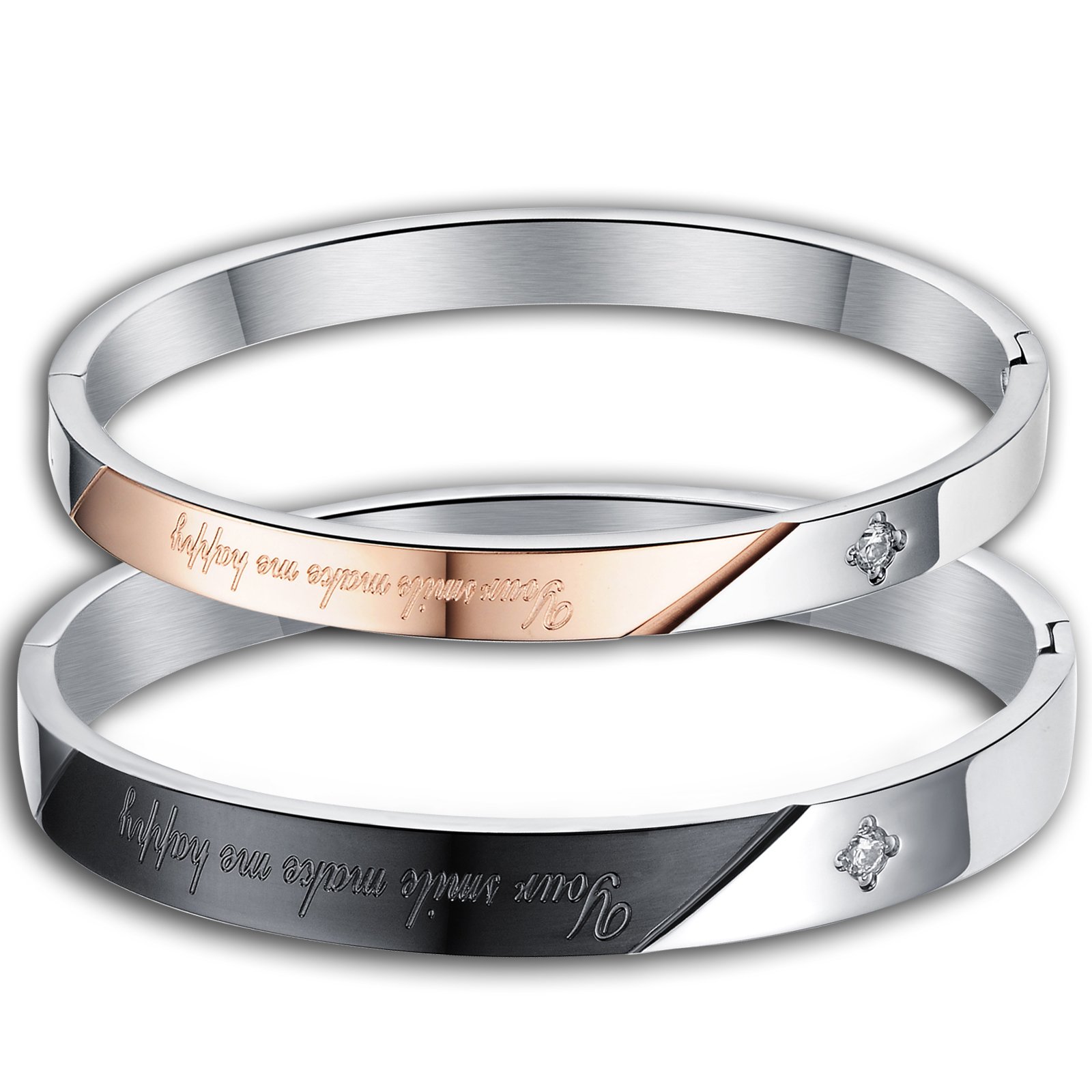 JewelryWe Free Engraving Valentine Romantic Gifts Your Smile Make Me Happy His & Hers Couple Stainless Steel Bangle Bracelets, 2pcs