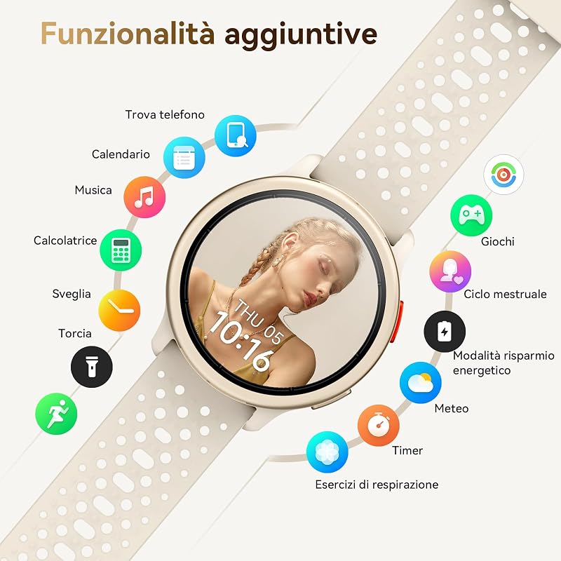 Smartwatch Donna 1.27'' Orologio Uomo Rotondo con 2 Cinturini,120+ Modalità Sportive, Corsi di Ginnastica 3ATM Monitoraggio Salute e Sonno Contapassi Fitness Watch per Samsung/Android/iPhone Albicocca — foto 8 di 8