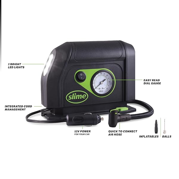 SLIME 40050 TIRE INFLATOR, PORTABLE CAR AIR COMPRESSOR, WITH ANALOG 100 PSI DIAL GAUGE, LONG HOSE AND LED LIGHT, 12V, 8 MIN INFLATION