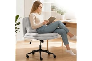 BINGTOO Armless Criss Cross Legged Office Chair with Wheels, Wide Seat Linen Fabric Swivel Vanity Chair, Adjustable Height Co