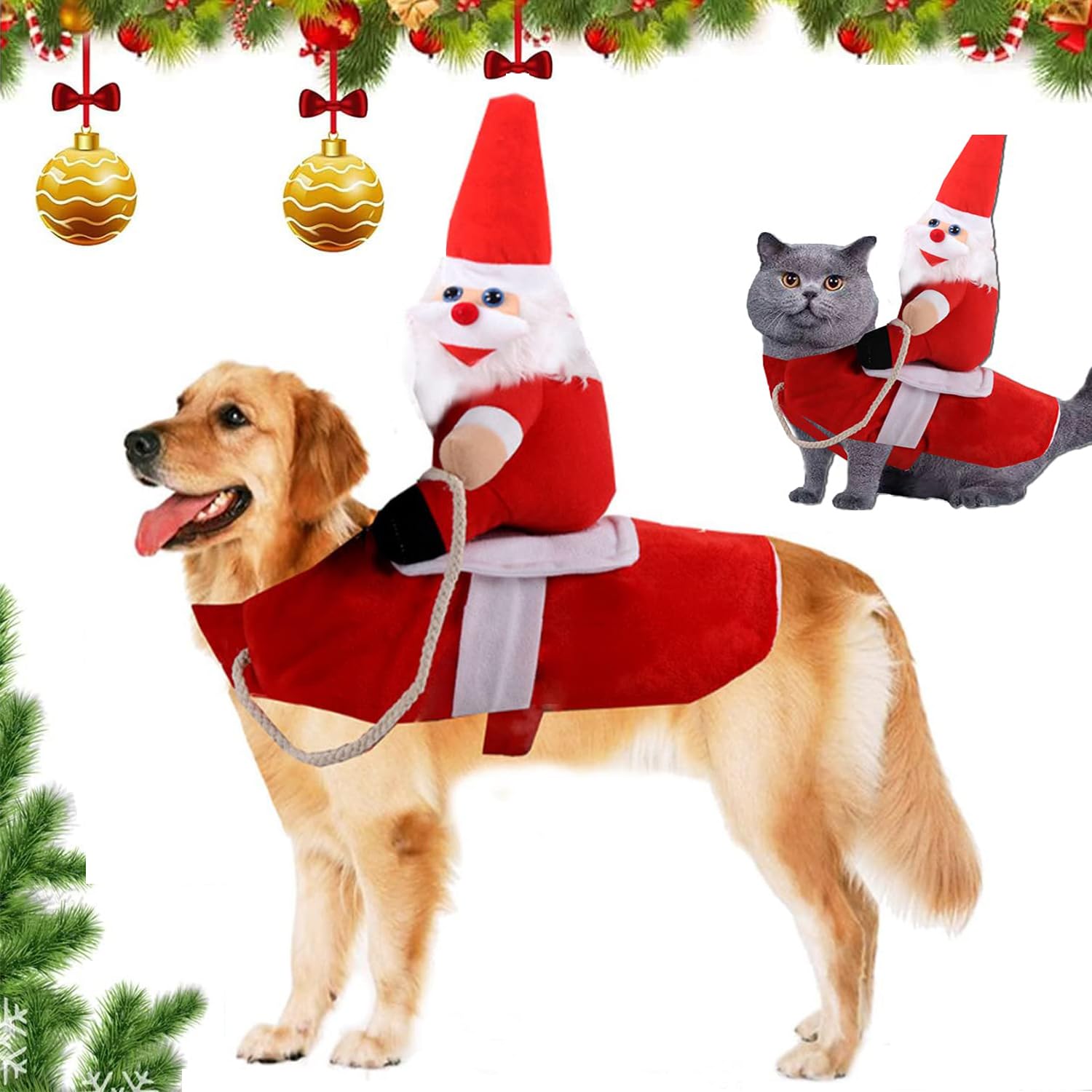 Santa Claus Riding Costume - Premium Pet Clothes Christmas Riding Outfit for Small Large Dogs Cats, Apparel Christmas Party Dressing Up Clothing Gift (M)