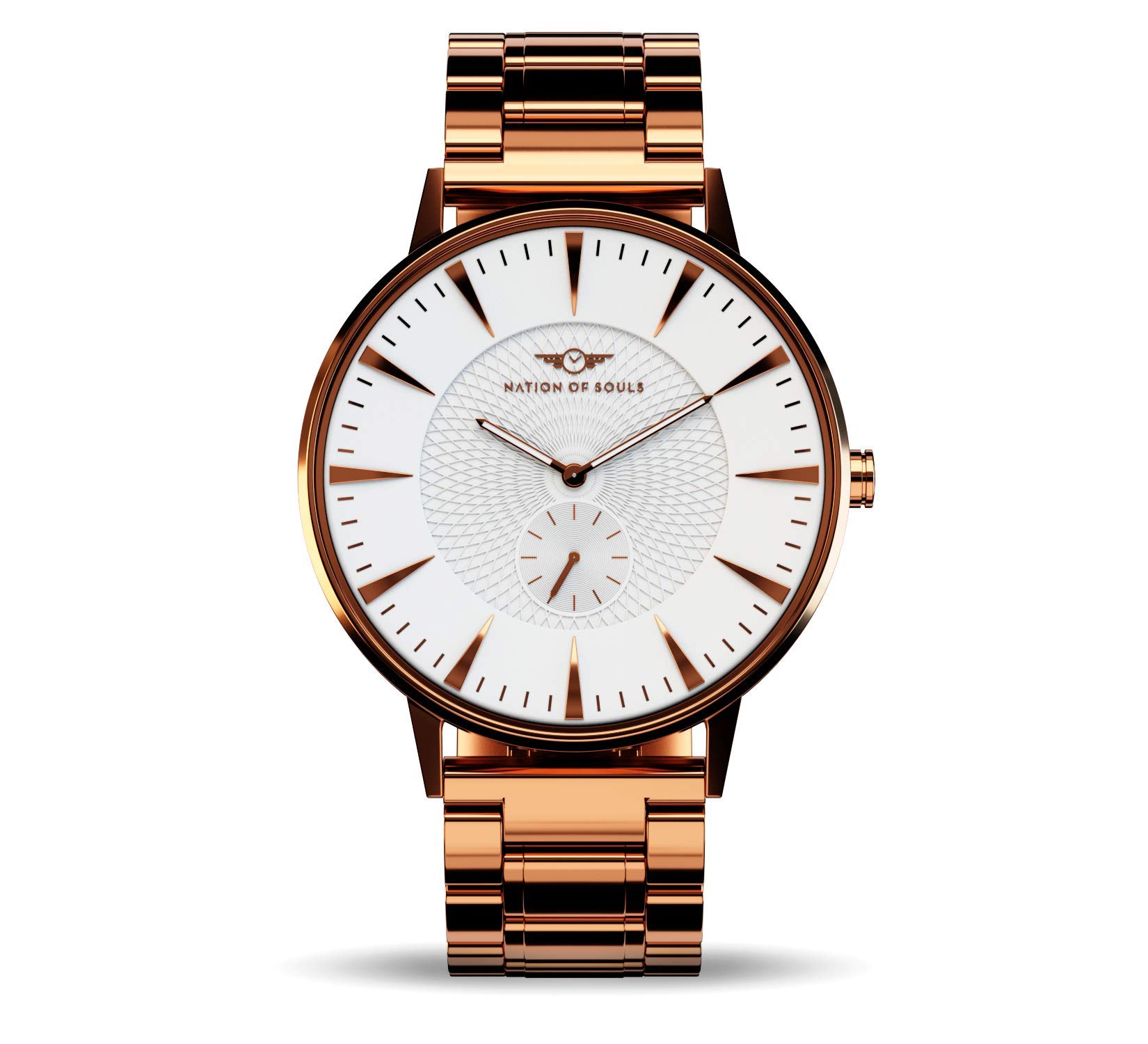Nation of Souls Eclipse Collection Rose Gold Gloss and White Men's 42mm Stainless Steel Case Wrist Watch with 20mm Link Bracelet British Designed Watches