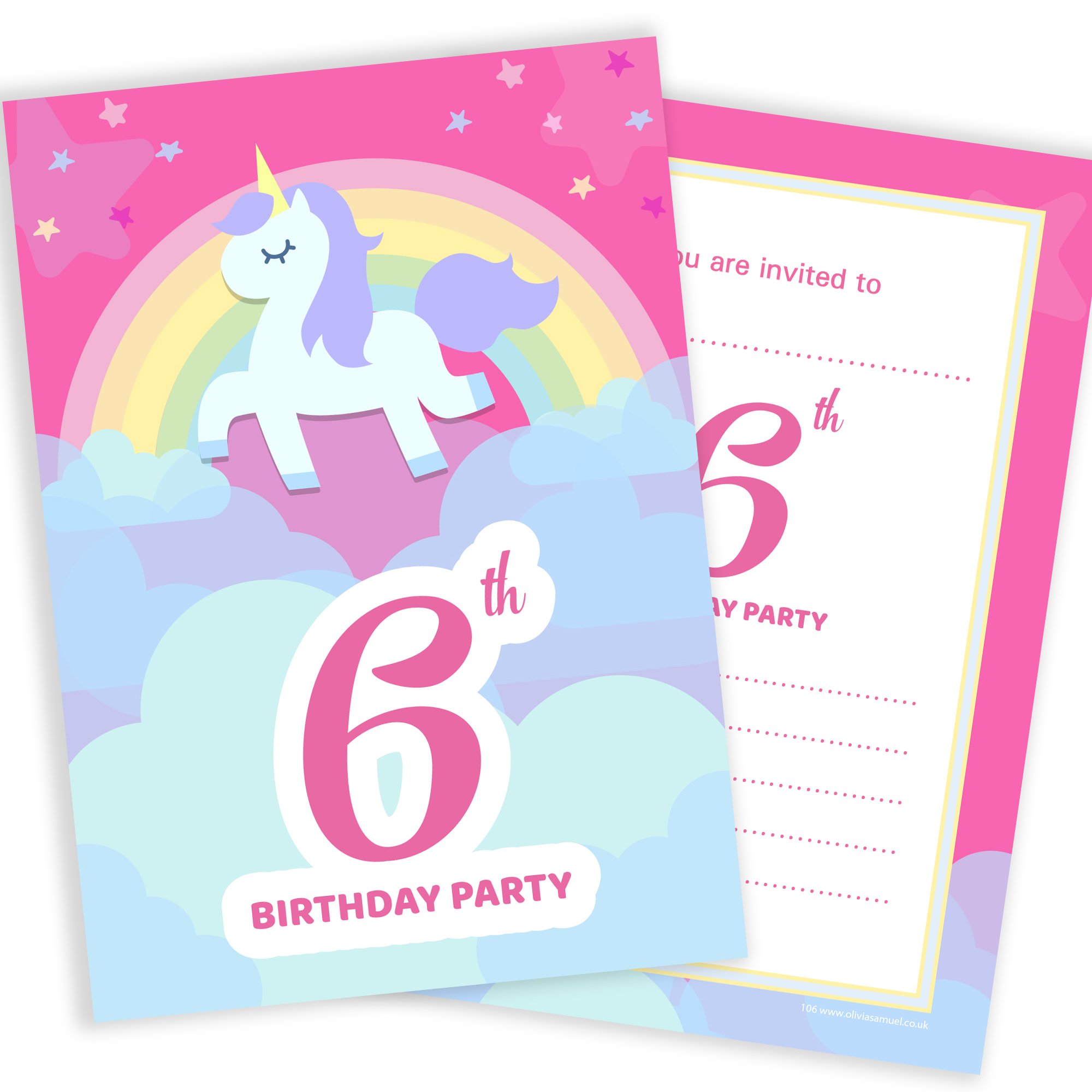 Olivia Samuel 20 x 6th Birthday Party Invitations from Unicorn & Rainbow Pink Invites - Ready to Write with Envelopes