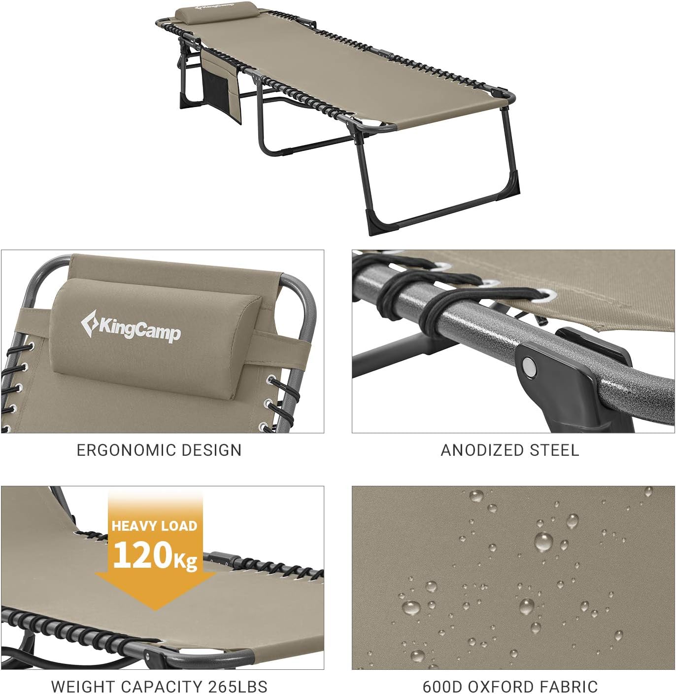 KingCamp Adjustable 4-Position Heavy Duty Folding Chaise Lounge Chair with Pillow Pocket, Portable Great for Outdoor Patio Lawn Beach Pool Sunbathing, Supports 265lbs: Sports & Outdoors