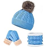 Kids Winter Hat Scarf Gloves Set - Thermal Fleece Lined Beanie with Pompoms, Soft Mittens & Neck Warmer for Boys Girls 1-12
