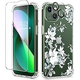 GVIEWIN for iPhone 13 Case Floral, with Screen Protector&Camera Lens Protector,[Non Yellowing] Soft Shockproof Clear Phone Protective Cover for Women, Flower Pattern Design 6.1"(Serissan/White)