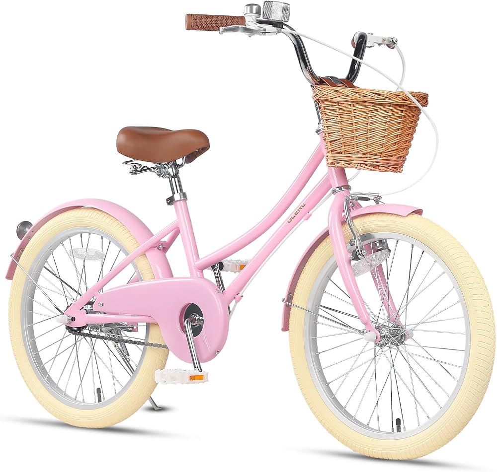 Glerc 20 Inch Kids Bike Pink with Basket Bell Stabilizers for Girls 7-13