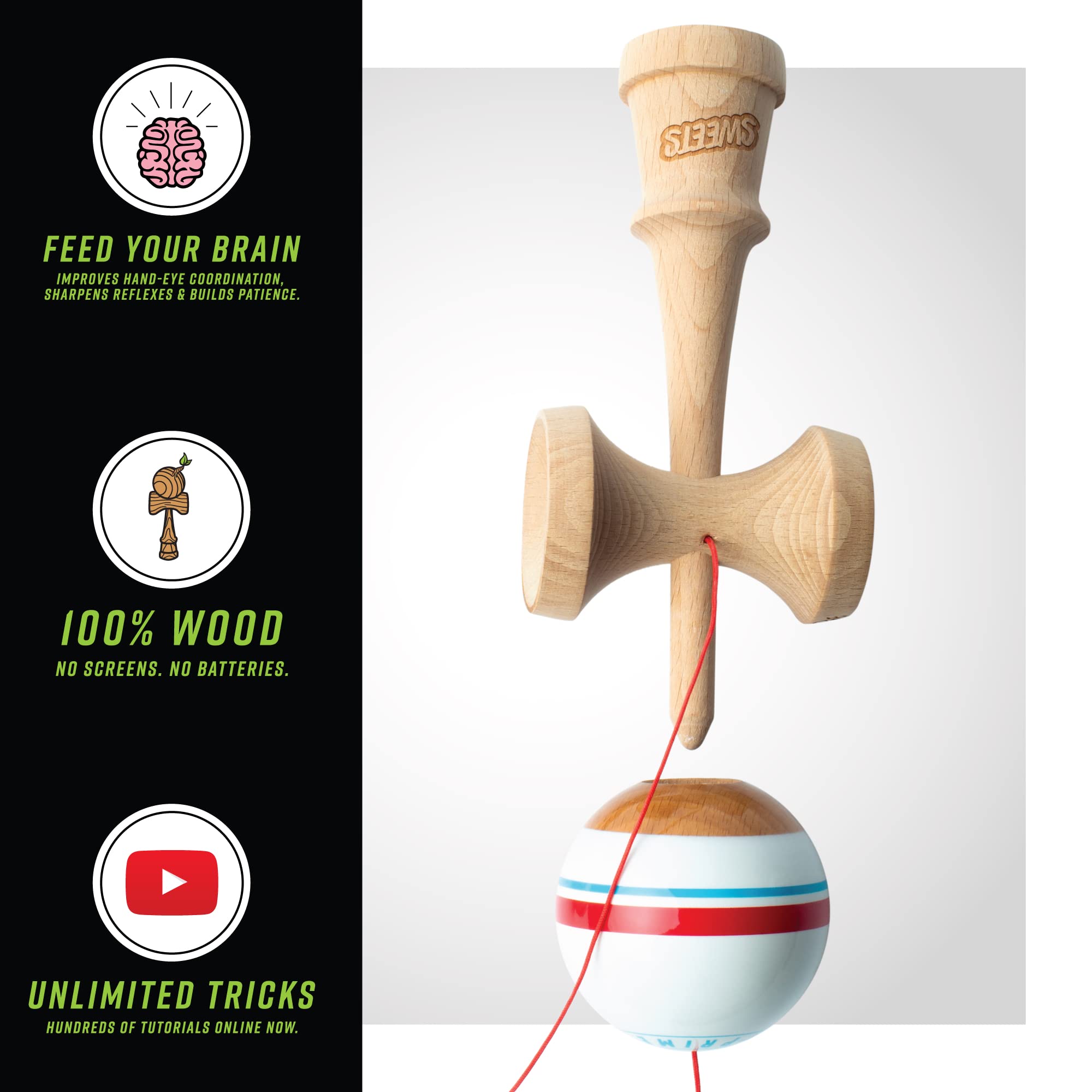 Sweets Kendamas Boost Sport Stripe Kendama - Sticky Paint, Improves Hand Eye Coordination, Reflexes, Stripe Design, Extra String Accessory Gift Bundle (Racer)