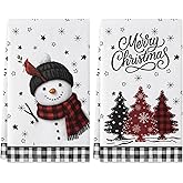 Siilues Christmas Kitchen Towels 18x26 Inch Set of 2, Tree Snowman Snowflake Merry Christmas Dish Towels Seasonal Winter Decorations for Home Drying Dishcloth