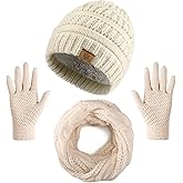 Winter Beanie Hat Scarf Gloves Set, Thick Warm Knit Winter Skull Cap Touch Screen Gloves Neck Scarf for Women Men