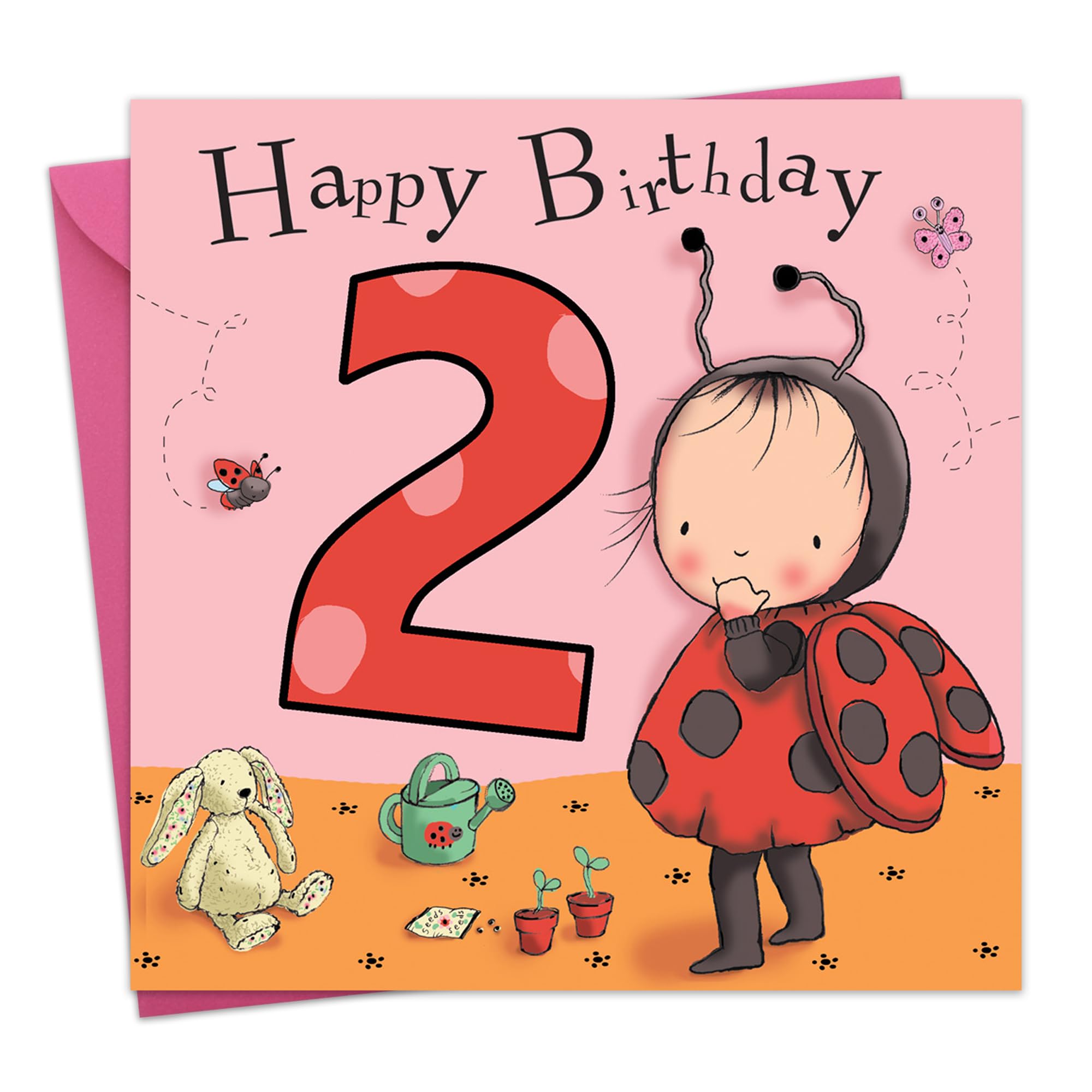 Twizler 2nd Birthday Card for Girl with Ladybird - Girls Age 2 Year Old Childrens Happy Birthday Card Gifts