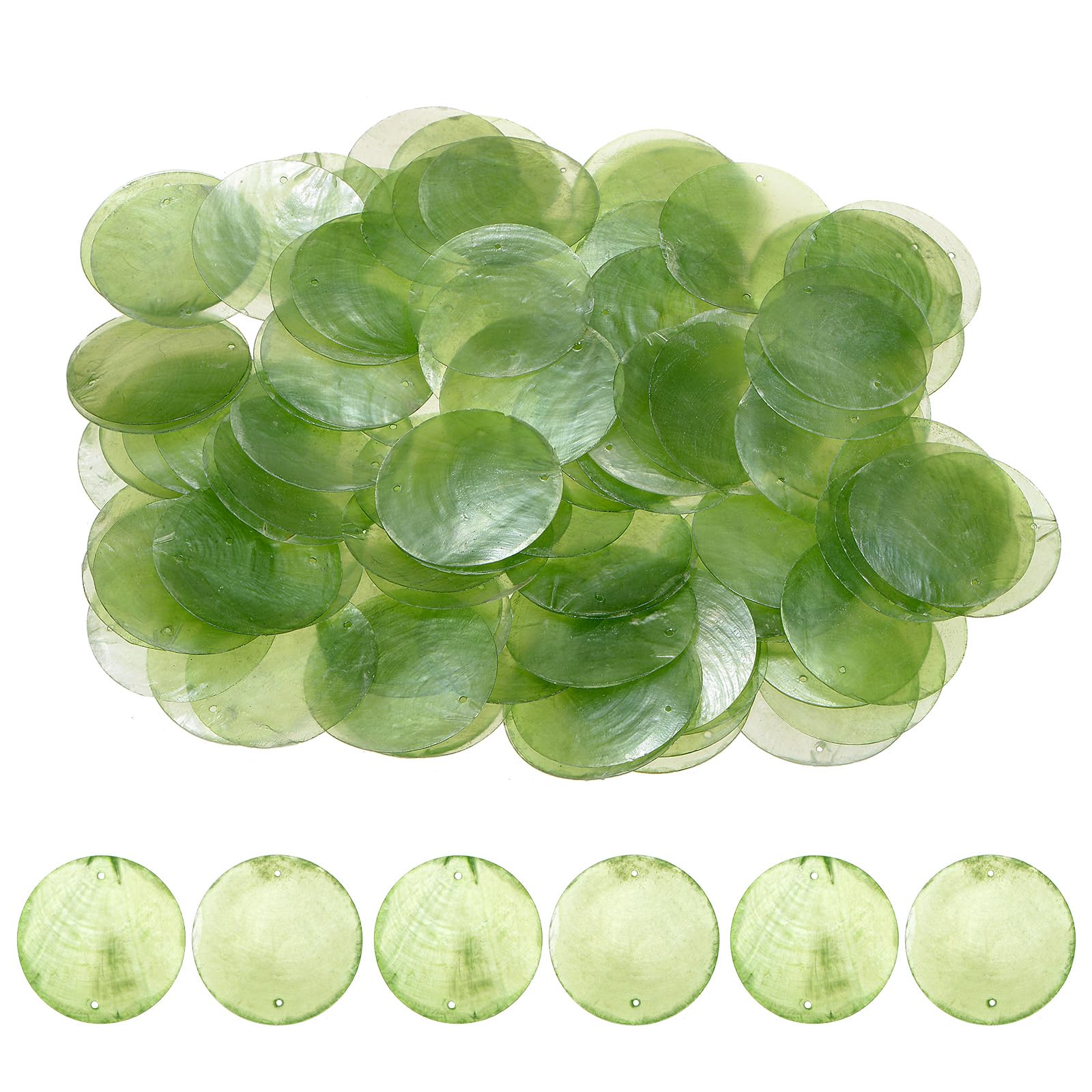 M METERXITY 100-Pack Round Shells Pieces, 50mm Flat Round Natural Shell Charm with Hole, Discs Sea Shells Coin Bead Connector for Wind Chimes/DIY Craft Hanging [Green]