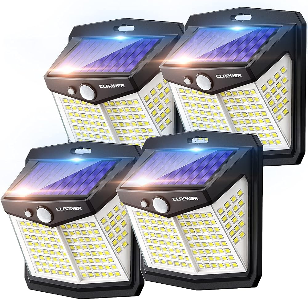 CLAONER 128LED Solar Motion Sensor Security Lights 4 Pack IP65 3 Modes