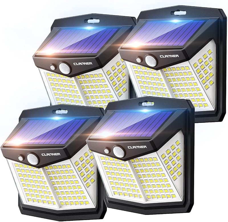 CLAONER 128LED Solar Motion Sensor Security Lights 4 Pack IP65 3 Modes
