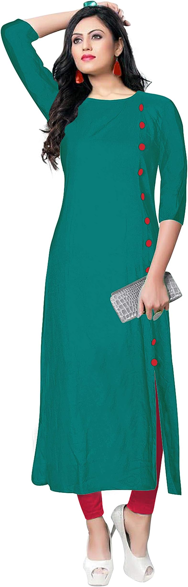 BELOMODA Multi Color Rayon Fabric 3/4 Sleeve Round Neck Solid Plain Kurti for Women