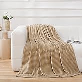 Puncuntex Flannel Fleece Throw Blanket Khaki 60"×80",Super Soft Plush Cozy Blanket with Square Grid Design Luxury for Couch Sofa Chair