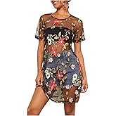 GORGLITTER Women's Embroidered Floral Mesh Tops Dressy Y2K Cute Mesh Shorts Sleeve Crew Neck See Through Going Out Tops