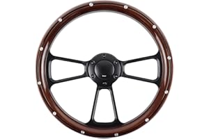QYMOPAY Universal Wooden Racing Steering Wheel 14 Inch 6 Bolt Black Aluminum 3 Spoke Vintage Wood Grain Steering Wheel with Horn Button for Racing/Rally/Motor sports Rivet Steering Wheel