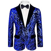 Cacycasa Men’s Sequins Blazer Floral Suit Jacket Lapel Tuxedo for Party Wedding Banquet Prom