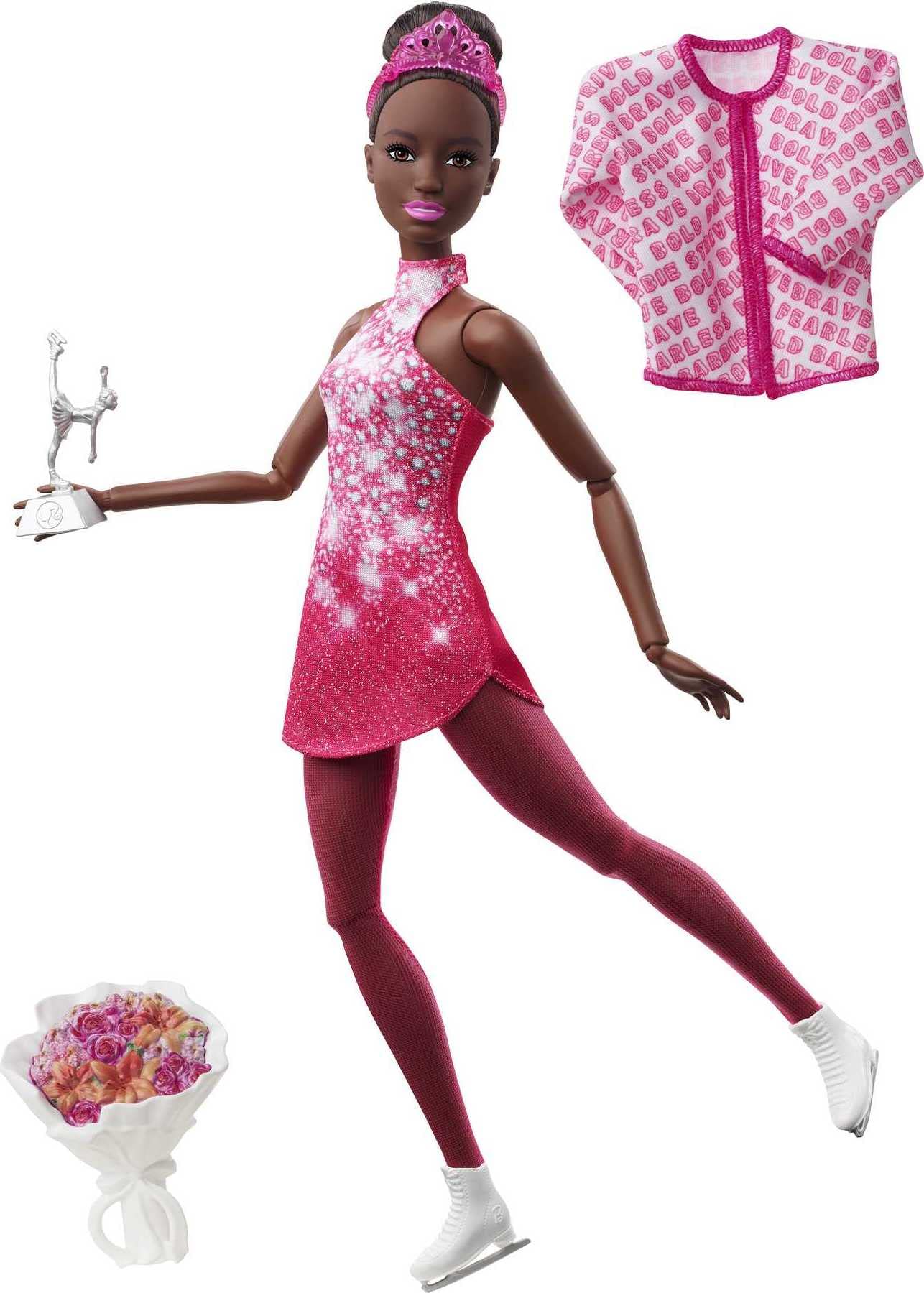 Barbie HCN31 Winter Sports Figure Skater Doll Brunette (30 cm) with Pink Dress, Jacket, Rose Bouquet and Trophy, Great Gift for Children from 3 Years