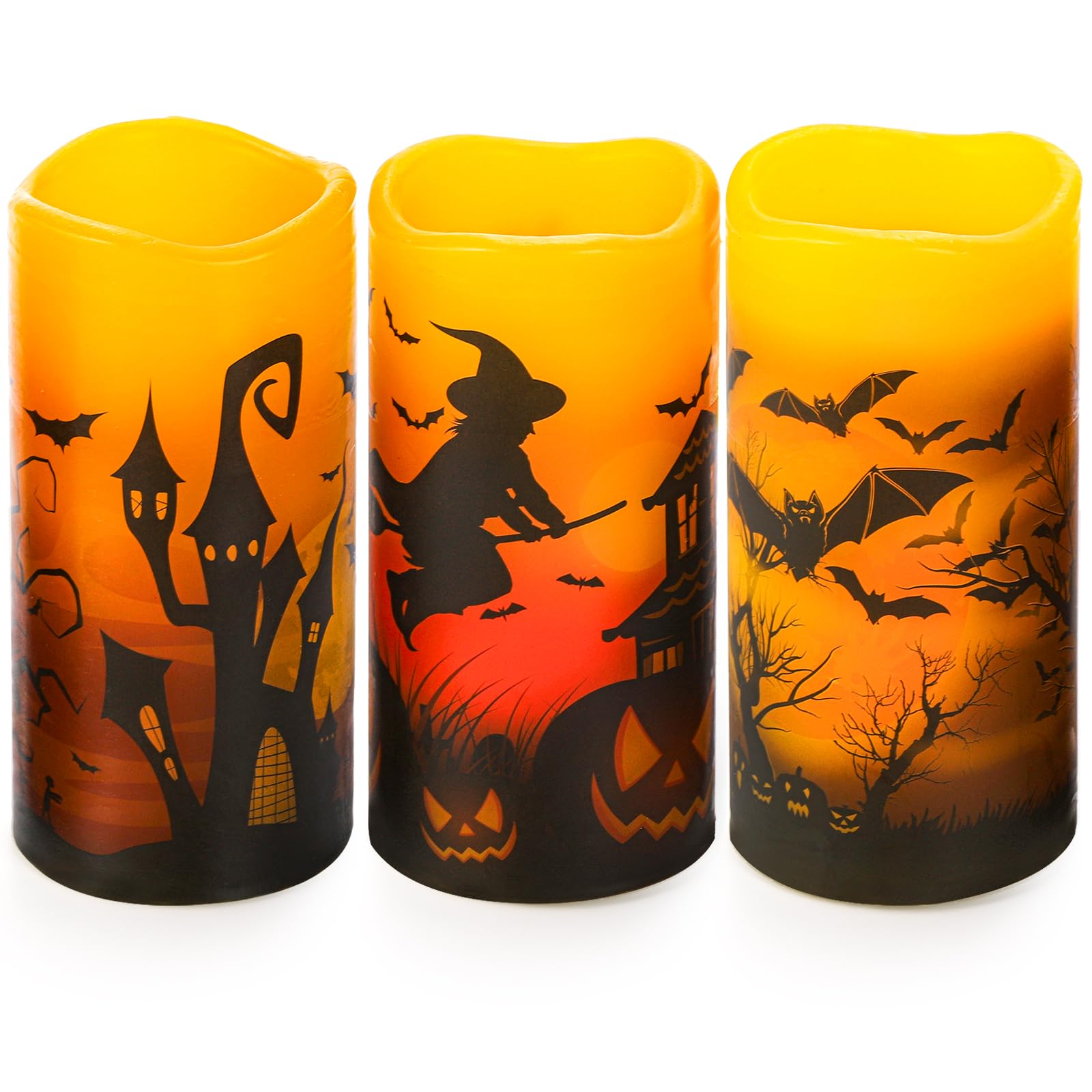 Photo 1 of Hbaushun Halloween Flameless Candles 3 Pack with 6 Hour Timer,Battery Operated Real Wax LED Pillar Flickering Candles Warm Light with Castle, Witch, Bats Decal Halloween Decorations Candles