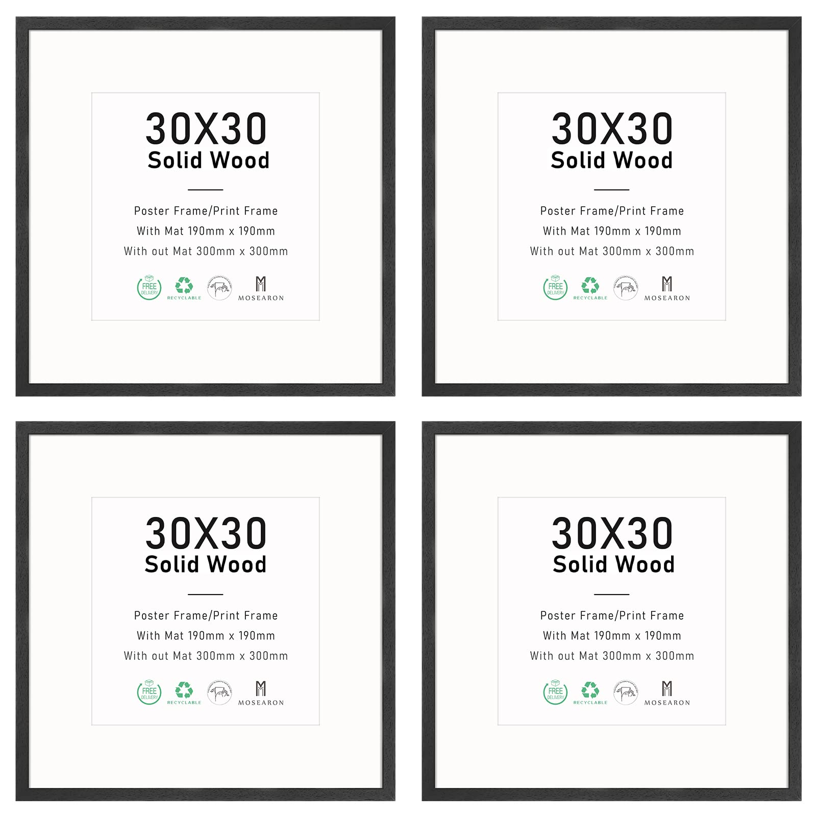 12x12 Certificate Picture Frame,Black Wood Photo Frame with mount for 8x8 print,Poster Frame with plexiglass for Wall Mount Display,30x30 cm,Set of 4 — image 1