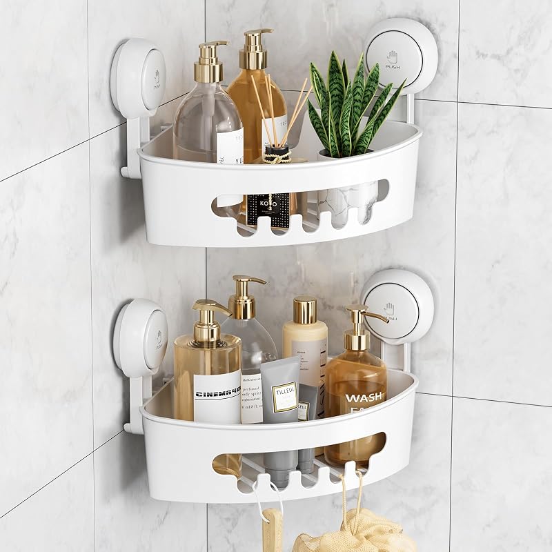 LEVERLOC Corner Shower Caddy 2 Pack Suction Cup White No Drill Rust Free