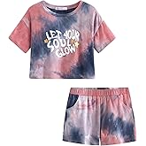 Topgal 100% Cotton Tie Dye Crop Top & Shorts Clothes Set Outfit for Big Girls Size 6-18