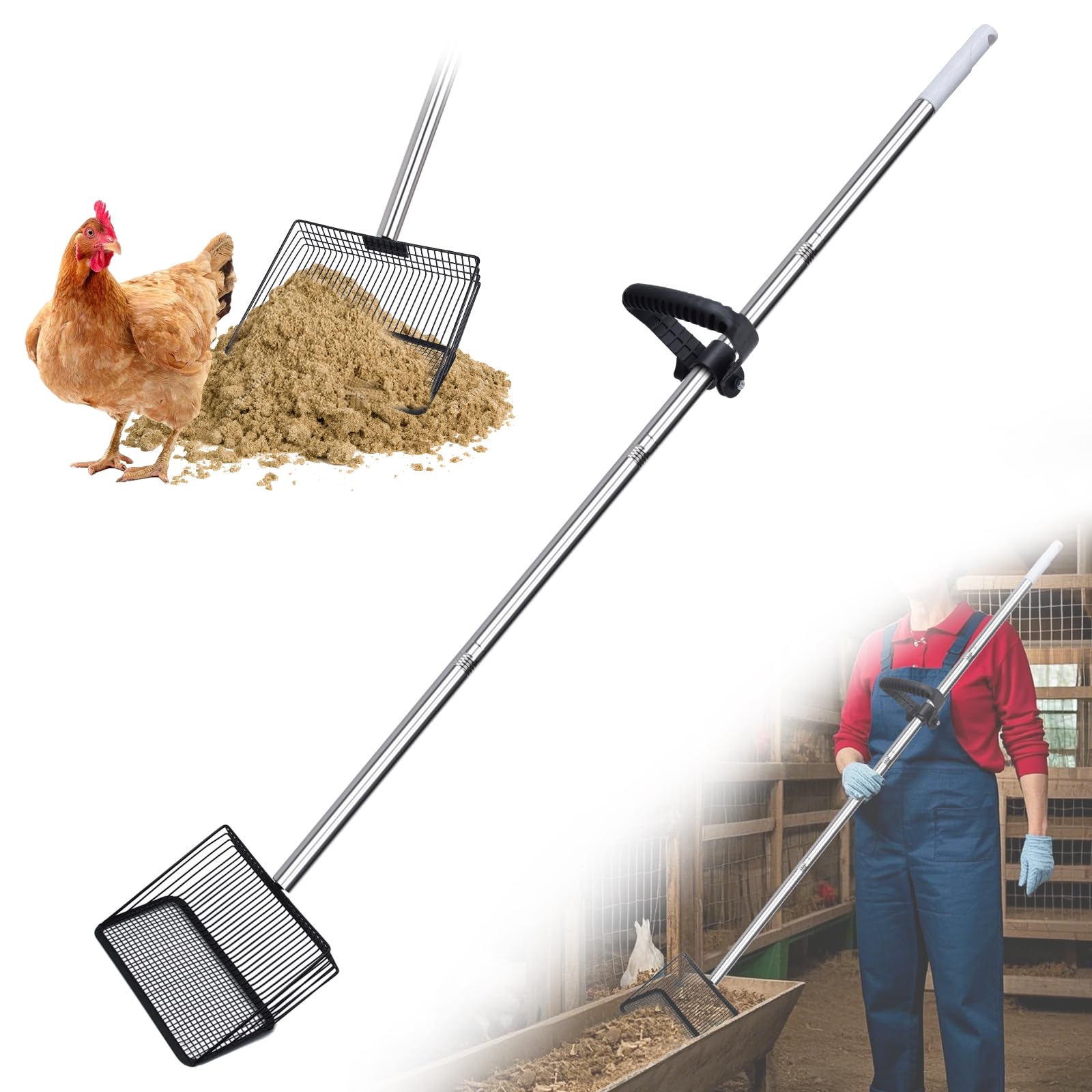 Photo 1 of 10in Wide Stainless Steel Chicken Poop Scooper with Adjustable Handle,36"-62" Long,Detailed mesh Design,Easy to Use Cleaning Tool for Chicken Coop, Sand Sifting
