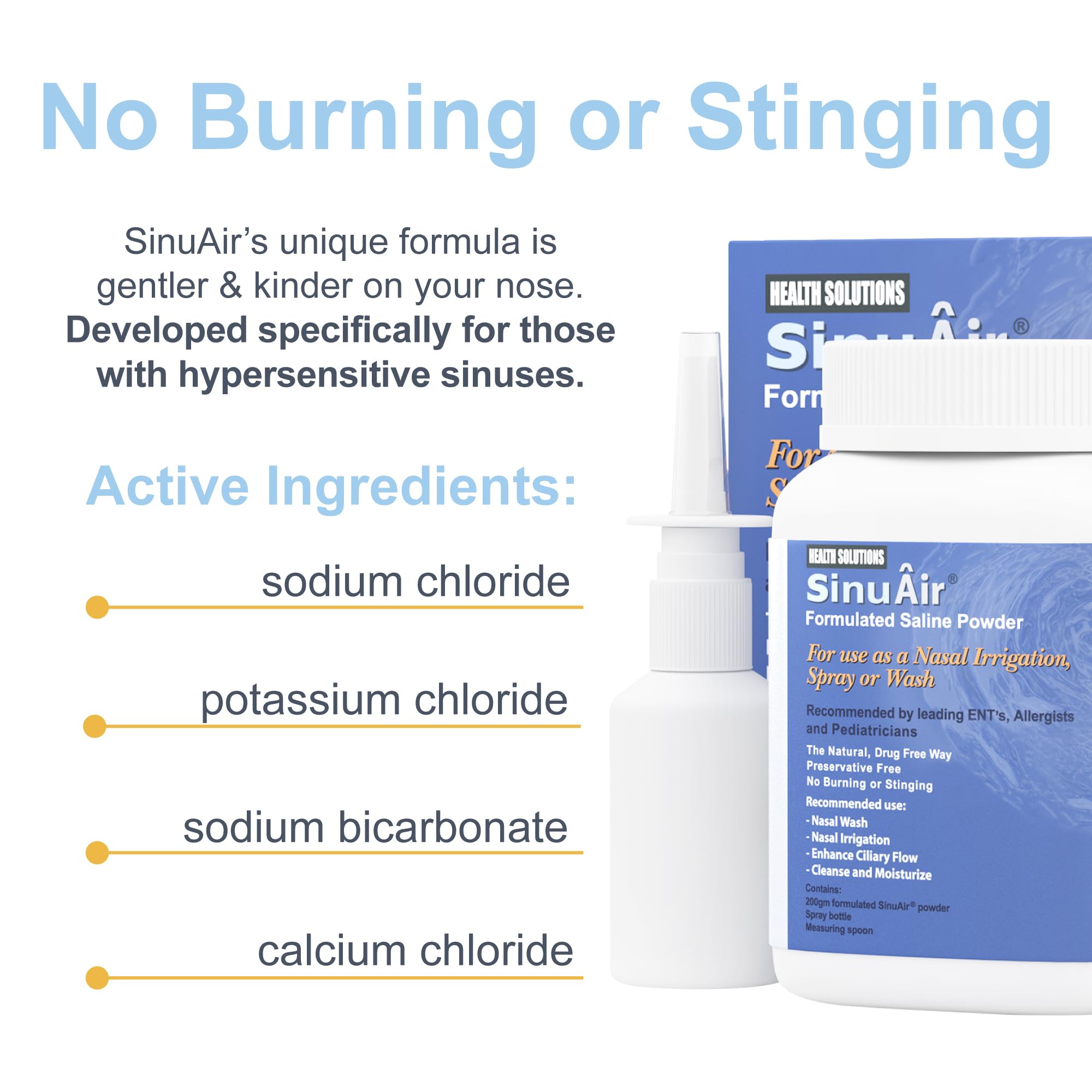 SinuAir Sinus Rinse Salt Solution - Saline Powder for SinuPulse System, Neti Pot Flush, Nasal Wash Squeeze Bottle, & Nose Irrigation, Enhanced Formulation & Cleaning for Sinuses, 200g Bottle