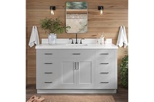 ARIEL Bathroom Vanity 61" Grey with 1.5" Edge Pure White Quartz Countertop & Backsplash, Center Rectangular Sink, 2 Soft Closing Doors, 9 Full Extension Dovetail Drawers, Toe Kick, Matte Black