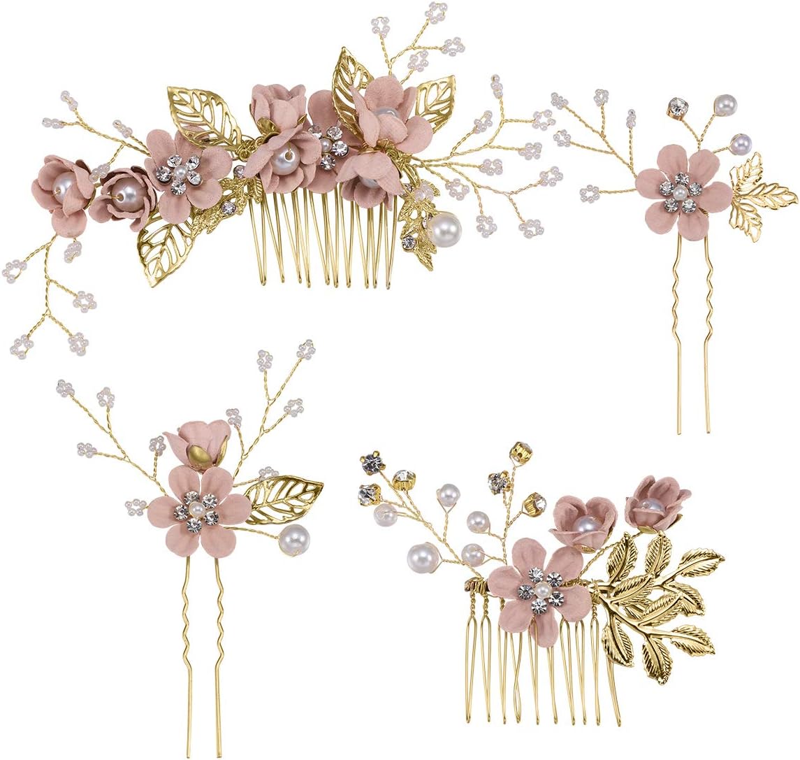 Toyvian Rhinestone Hair Combs Floral Bridal Headpiece Crystals Headband Decorative Bridal Headband for Wedding Party (Pink)